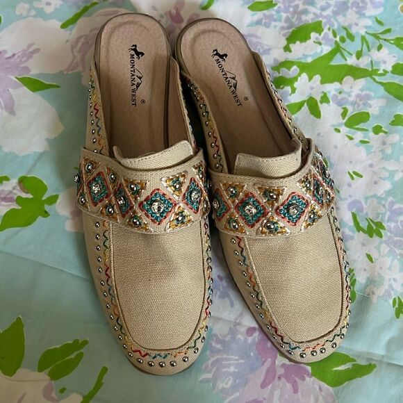 Montana West Mules Slides Canvas Rhinestone Embroidered - Picture 1 of 6